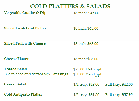 catering menu at cambiottis cold salads