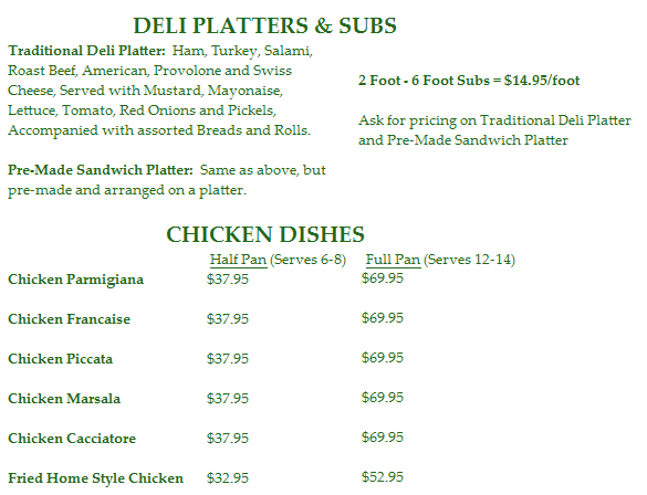 catering menu at cambiottis deli platters and chicken