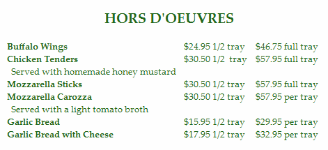 catering menu at cambiottis hors doeuvres