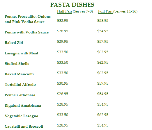 catering menu at cambiottis pasta selection
